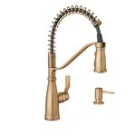 Moen Nolia Bronzed Gold One-Handle Pre-Rinse Spring Kitchen Faucet with Pull Down Sprayer, Single Hole Kitchen Sink Faucet with Soap Dispenser, 87886BZG