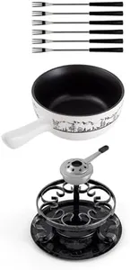 Swissmar Heidi Cheese Fondue Set - 2.8 QT / 2.65 L - Ceramic Fondue Pot with Rechaud, Fondue Burner, 6 Forks & Recipe Card - Ideal for Melting Cheese, Chocolate & Caramel - White