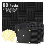 Focusound 80 Pack Acoustic Foam Panels 1" x 12" x 12" Sound Proof Foam Panles Soundproofing Noise Cancelling Wedge Panels for Home Office Recoding Studio with 420PCS Double-Side Adhesive