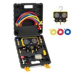 OMT R410a Gauges, AC Manifold Gauge Set for R410a Refrigerant, 3 Way AC Gauges R410a Manifold Set with R410a R22 Safety Valves, 3 Hoses, R410a Adapters, Universal Can Tap, AC Recharge Kit
