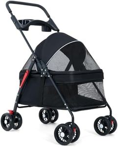 4 Wheels Dog Cat Stroller, Foldable Pet Folding Stroller with Storage Basket and Cup Holder for Medium Small Dogs Cats, Black