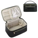 Makeup Bag Travel Cosmetic Bags with Brush Compartment Large Portable Make Up Bag with Handle PU Leather Water-Resistant Makeup Organiser Case for Women, Black (Patent Pending)