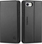 SHIELDON Case for iPhone SE 2022/SE 2020, Genuine Leather Card Holder Magnetic Stand Flip Book Cover Shockproof Protection Case Compatible with iPhone SE3/SE2/8/7 - Black