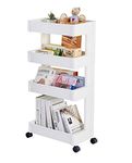 4 Tier Storage Cart Mobile Shelving Unit Organizer Slide Out Storage Rolling Utility Cart Tower Rack for Kitchen Bathroom Laundry, Plastic, White