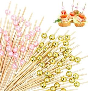 Cocktail Picks, 200 Pcs Long Cocktail Toothpicks Fancy Handmade Faux Pearl Charcuterie Cocktail Picks, Wooden Toothpicks for Cocktails and Appetizers,Fruits,Desserts,Party Supplies, 2 Colors