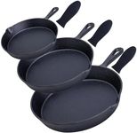 Pre-Seasoned Cast Iron 3 Piece Skillet Bundle, Frying Pan Camping Cookware 6” + 7.5” + 10” Set of 3 Heavy Duty Cast Iron Frying Pans, Stove Top, with Heat Resistant Silicone Handle Holders