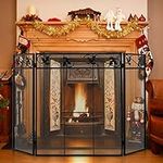 IRONMAX Fireplace Screen, Foldable 3-Panel Decorative Fireplace Screens for Wood Burning Fireplace, Modern Flat Metal Mesh Fire Spark Guard for Indoor & Outdoor, Black