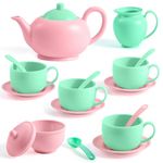 JOYIN 18PCS Tea Party Set, Plastic Tea Set, Mini Kitchen for Kids, Gifts for Toddler Boys Girls Ages 3 4 5 6 Years Old (Baby Pink Teapot)