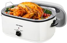 26 Quart Electric Roaster Oven with Visible & Self-Basting Lid, Large Turkey Roaster with Defrost Warm Function, Adjustable Temperature, Removable Pan Rack, Stainless Steel, White