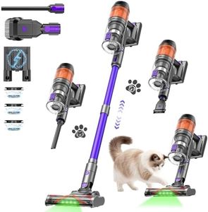 Cordless Vacuum Cleaner, 500W 40KPa 60Mins Vacuum Cleaners for Home, Powerful Stick Vacuum With Green Light, Anti-tangle Wireless Vacumm, Rechargeable Vacuum for Pet Hair/Carpet/Hardwood Floor, Purple