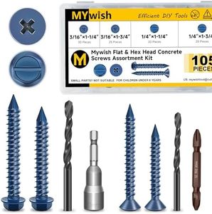Mywish 105Pcs Concrete Screws Assortment Kit, Flat Pillips & Hex Head Masonry Block Brick Cement Screws with Drill Bit, Concrete Screws Set for Concrete Masonry Stucco Brick