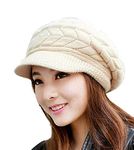 Krystle Devil Girl's Winter Warm Knit Hat Wool Snow Ski Caps with Visor(Beige)