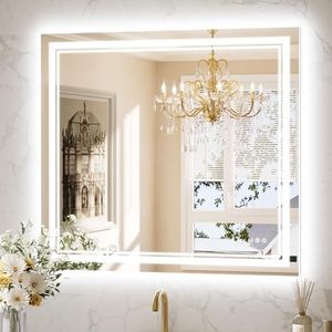 Keonjinn LED Bath Mirror 40” x 36” with Frontlit and Backlit, Stepless 3 Colors Temperature & Dimmable Vanity Mirror, UL Listed LED Driver, Double Light Strips, Anti-Fog Wall Mirror with Lights