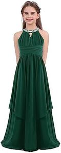 IEFIEL Enfant Fille Maxi Robe Demoiselle d'honneur Mariage Col Paillettes Robe Princesse Eté Fille Fête d'anniversaire Pageant Mousseline de Soie Robe 4-16 Ans Vert Foncé 10 Ans