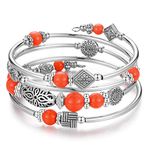 BULINLIN Beaded Silver Bangle Wrap Bracelet for Her, Layered Bohemian Bracelets with Natural Stone, Jewellery Gifts for Women Ladies(Orange)