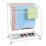 IDEALHOUSE Pool Towel Rack Outdoor with Wheels,PVC Trapedozal Outdoor Towel Rack for Pool,5 Bar Curved Towel Rack - Free Standing Poolside Storage Organizer,Towel Stand for Beach,Pool,Indoor,White