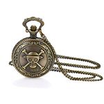 JewelryWe Antique Bronze Anime Skull One Piece Style Quartz Pocket Watch Necklace with 31.5 Inch Chain for Christmas Halloween