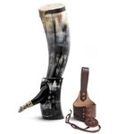 Norse Tradesman Genuine Ox-Horn Viking Drinking Horn with Antique Brass Rim & Wolf Tip, Brown Leather Belt Holster, Fitted Horn Stand & Burlap Gift Sack (Brass Rim & Tip - High Polish, 50 cm)