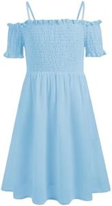 Arshiner Kids Dresses Elastic Cotton Cold Shoulder Flowy Casual Holiday Dress Light Blue 8-9Y