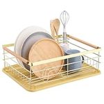 Navaris Dish Drainer Rack - Plate, Cutlery, Pots and Pans Drying Rack for Kitchen with Beechwood Handles - Modern Retro Design Drip Tray - Gold