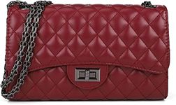 INOVERA (LABEL) Vegan Leather Quilted Pattern Girls Cross-Body Shoulder Sling Bag Clutch Purse With Adjustable Chain Strap (White) (Red)