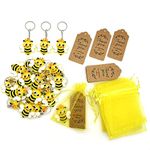 JZK 25x Bee themed party favours, bee keyring keychains with yellow confetti bags and gift tags set, kids birthday party bag fillers giveaways thankyou gift, bumble bee theme party decorations