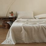 Simple&Opulence 100% Linen Sheet Set with Embroidery Stone Washed 4 Pieces (1 Flat Sheet & 1 Fitted Sheet & 2 Pillowcases) Natural French Flax Soft Breathable Bedding (King, Linen)