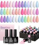 Beetles 24Pcs Gel Nail Polish Set, Summer Pastel Pink Blue Pearl Shimmer Chameleon Purple Green Colors 2024 Summer Gel Polish Kit, 3Pcs Base Gel Top Coat and Double-ended Brush Soak off UV Gel