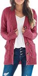 MEROKEETY Women's Long Sleeve Cable Knit Sweater Open Front Cardigan Button Loose Outerwear, Maroon, Large