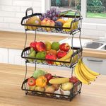 XYZLVSI 3 Tier Countertop Fruit Basket Bread Bowl for Kitchen, Stackable Vegetable Potato Onion Storage Wire Basket with Banana Hangers, Black