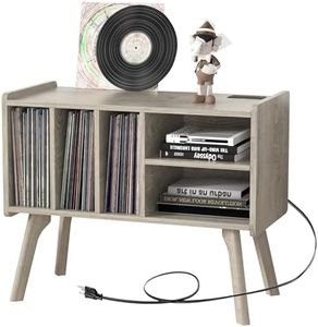 Forevich Large Record Player Stand Table, Turntable Vinyl Record Storage Holder with Power Outlet, Display Shelf Cabinet Holds Up to 220 Albums with Wood Legs for Living Room, Bedroom Oak