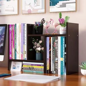 Hbluefat Desktop Organizer Office Storage Rack,Small Adjustable Wood Display Shelf, Expandable Desk Bookshelf, Mini Countertop Bookcase (Black)