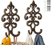 Comfify Cast Iron Vintage Double Wall Mounted Hooks | Decorative Antique Wall Mounted Hanger for Coats, Jackets and More | 7.75" x4.8” | with Screws and Anchors - Set of 2