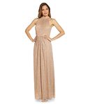 Adrianna Papell Stretch Metallic Crinkle Mesh Halter Neck Gown, Champagne Gold, 12