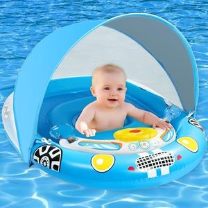 Gusio Inflatable Baby Pool Floats with Removable Canopy for 6-36 Months, UPF50+ Sun Protection Infant Baby Floaties with Toy Play Console, Adjustable Seat Swim Float Pool Beach Toys for Toddler Kids