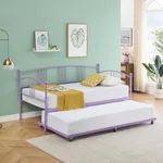 GarveeHome Twin Daybed with Trundle Bed Twin, Metal Sofa Bed Frame with Steel Slat Support for Living Room, Bedroom and Guest Room, Purple