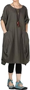 Vogstyle - Vestito estivo da donna con maniche arrotolate, vestibilità larga, con tasche Verde scuro M
