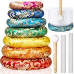 Fiada 10 Pcs Singing Bowl Cushion Set 7 Silk Cloth O Ring with 3 Crystal Singing Bowl Mallet Include Solid and Hollow Stick Wood Handle Rubber Mallet for 6"-12" Tibetan Crystal Sound Bowls Meditation