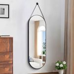 KOCUUY Oval Full Length Mirror with Hanging Leather Strap, 16"x48" Black Metal Frame Hanging Mirror, Full Body Dressing Mirror Wall Door Mirror for Bathroom Vanity Living Room Bedroom Entryway