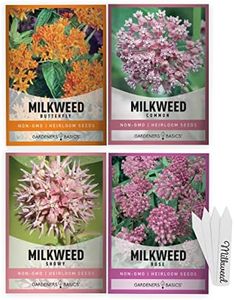 Gardeners Basics, Milkweed Seeds for Monarch Butterflies (4 Variety Pack) Common, Showy, Butterfly and Rose Varieties Attracts Butterflies, Bees and Pollinators Heirloom Flower Seeds Wildflower Seed