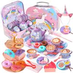 55Pcs Tea Party Set for Little Girls, Princess Tea Party Set, Unicorn Kid Tin Tea Set,Kids Kitchen Pretend Toy, Toddler Tea Party Sets for Girls 3-5, Girls Tea Party Set Gift for 4 + Year Old Girl