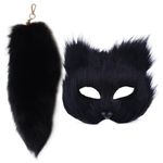 SWEETBIUTI Cat Mask and Therian Tail Set Furry Fox Mask ＆ 16'' Long Fox Tail Keychain Half Face Masquerade Mask for Cosplay Fancy Costume Party Accessory Black