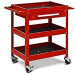 GiantexUK 3-Tier Rolling Tool Cart, Heavy-duty Steel Service Cart on Wheels with Drawer, Side Handle & Tool Slots, Utility Storage Trolley for Workshop Warehouse Garage Office (Red)