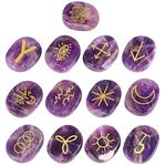 mookaitedecor 13pcs Amethyst Witches Runes Set, Reiki Stones Engraved Gypsy Symbol, Healing Crystal Palm Stone for Meditation Divination Spiritual Wiccan Gifts Witchcraft Altar Decor