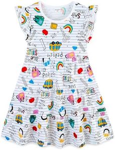 Little Kids Girl's Back to School Dress Short Sleeve Tiered Cotton Doodle Printed Casual Outfit Apple Pencils Rainbow Size 6-7 Years