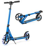 COSTWAY Folding Kick Scooter, Light Up Scooter with 200mm Large Wheels, Rear Foot Brake and Carrying Strap, Height Adjustable Scooters for Age 8+ Kids Teens Adults (Blue)