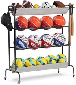 Holbrett Basketball Rack, Rolling Ball Storage Stand with Baseball Bat Holder Storage Cart and Movable Hooks 4-Layer Organizer Holder with Wheels for Volleyball Football Rugby Balls