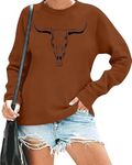 VILOVE Boho Cow Skull Sweatshirt Women Country Cowgirl Shirt Western Rodeo Outfits Nashville Graphic Pullover Tops Brown