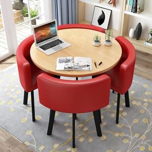 WOOOFA Round Dining Table Set for 4, Faux Marble Conference Table and Chairs Set, Kitchen Table Chairs Set with Strong Metal Frame, Space-Saving, Office Table and Chair Set for Home and Apartment