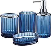 4PCs Heavy Weight Decent Blue Glass Bathroom Accessories Set with Decorative Pressed Pattern - Includes Hand Soap Dispenser & Tumbler & Soap Dish & Toothbrush Holder (Cobalt Blue)